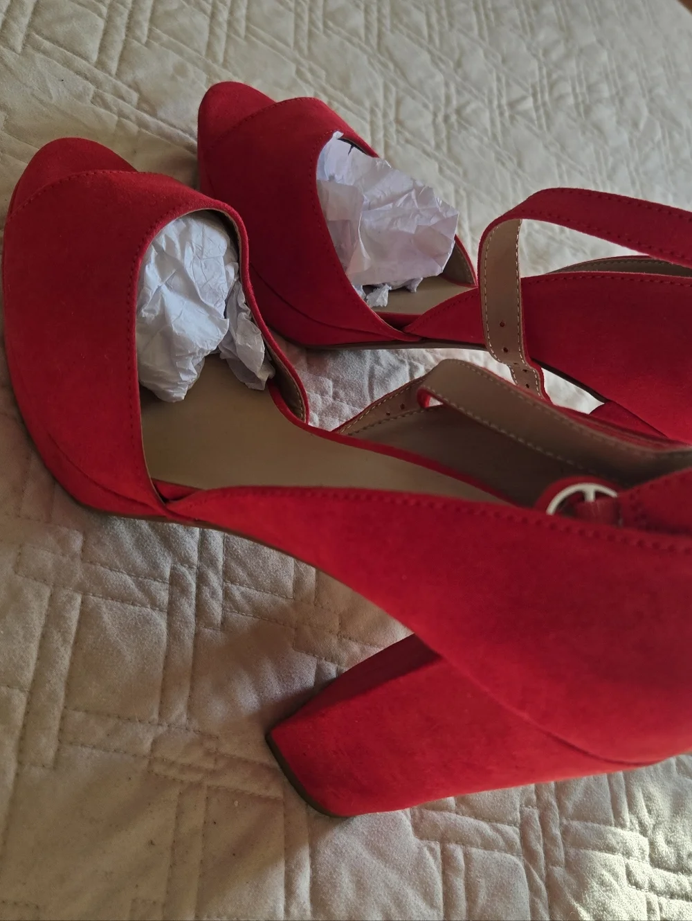 Sun + Stone Red Suede Peep-Toe Ankle-Strap Heels - Picture 2 of 3